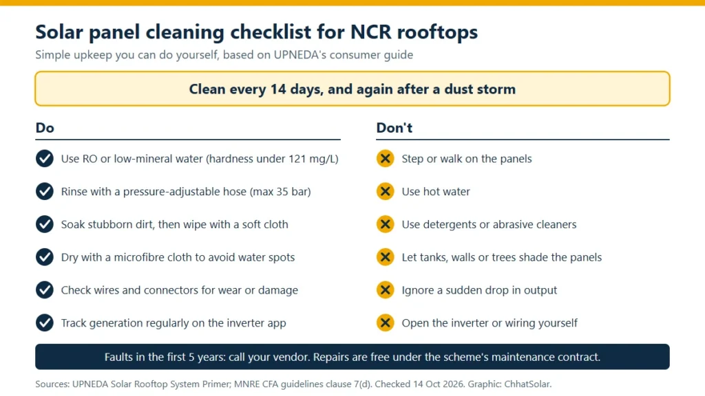 Solar panel cleaning checklist: clean every 14 days and after dust storms; use RO or low-mineral water, a gentle hose and soft cloths; do not step on panels or use hot water, detergents or abrasives.